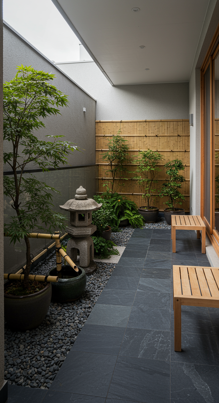 Schmaler Balkon im japanischen Stil mit Steinlaterne, Bambus, Kieselsteinen und Holzbänken.