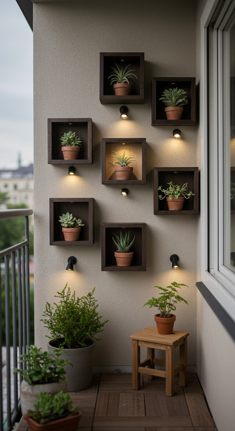 Kleine quadratische Holzregale an der Wand mit Sukkulenten, beleuchtet von einzelnen Spots.