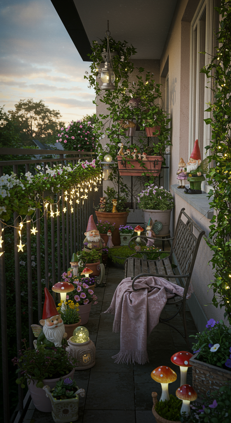 Schmaler Balkon, üppig bepflanzt, mit Gartenzwergen, Lichterketten und einer Metallbank.