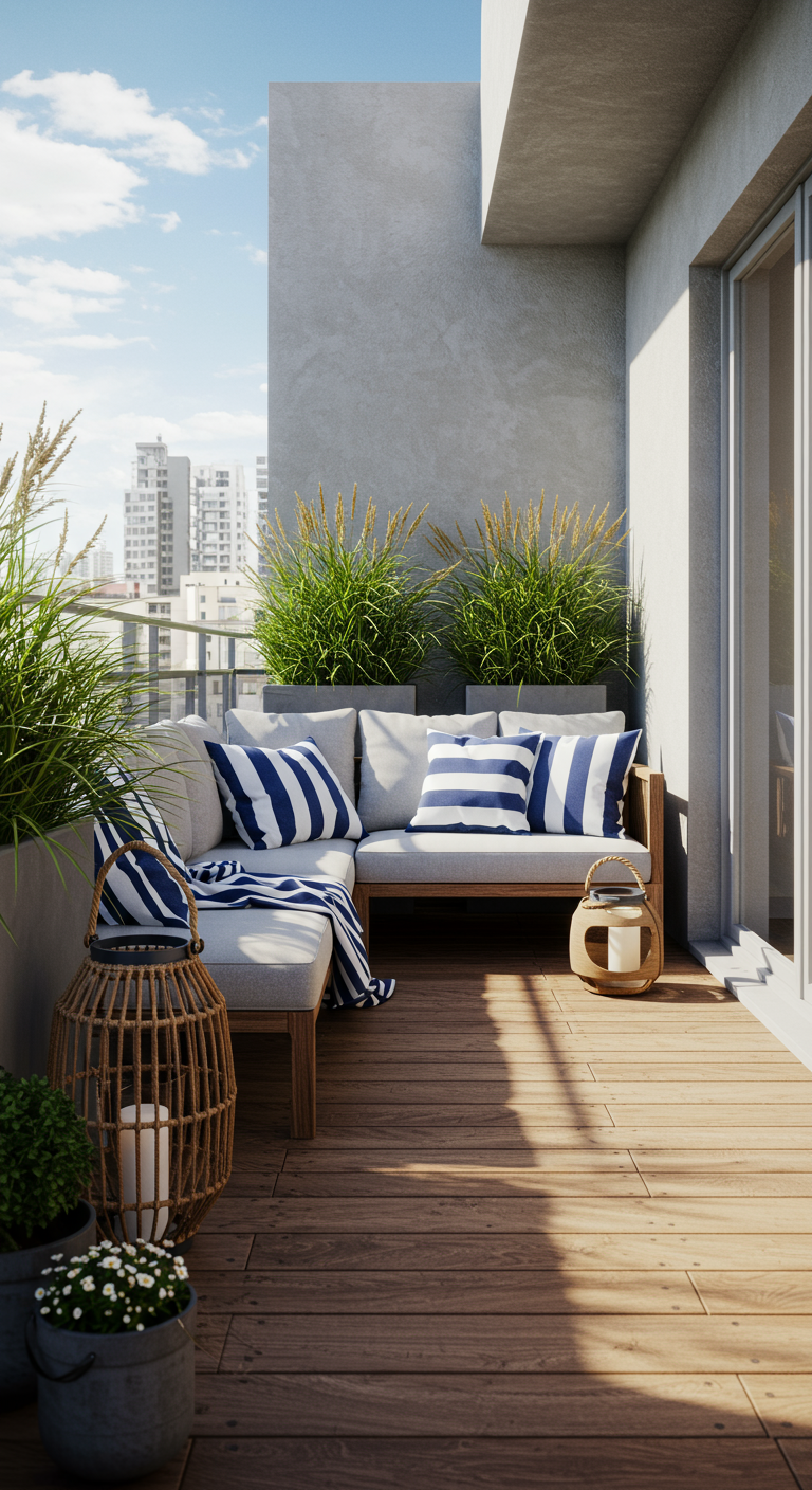 Balkon im maritimen Stil mit Holzmöbeln, blau-weiß gestreiften Kissen und Laternen.