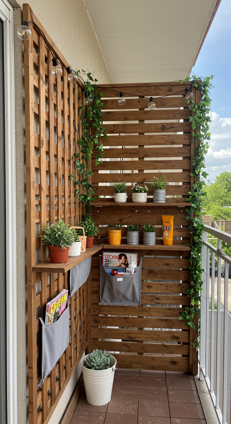 DIY-Wandregal aus Holzpaletten mit eingehängten Stofftaschen für Zeitschriften und Pflanzen.