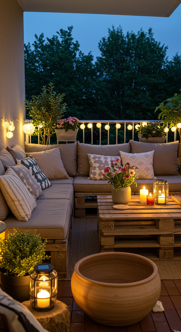 Balkon bei Nacht mit Palettensofa in Naturtönen, vielen Kerzen und Laternen.