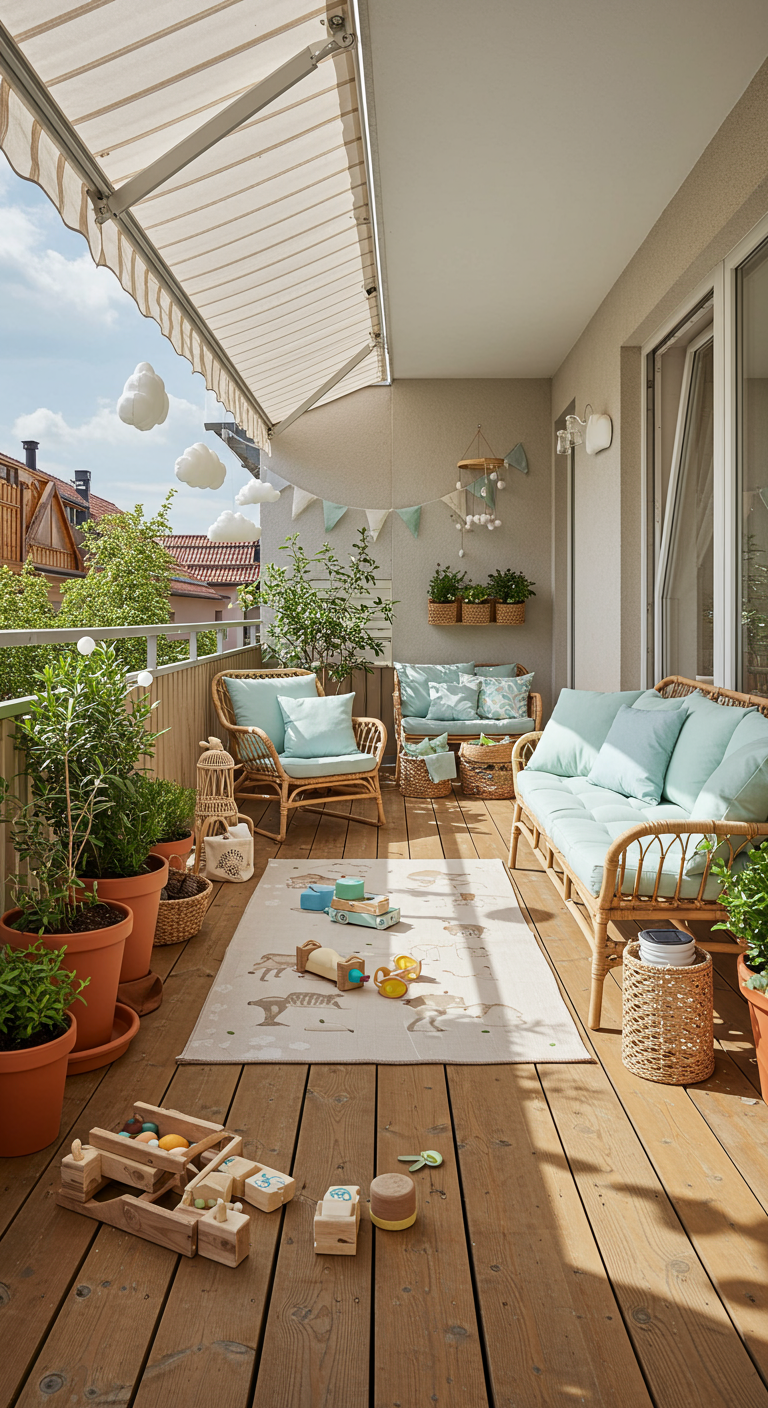 Heller Balkon mit Rattanmöbeln, pastellblauen Kissen und Wolken-Deko.