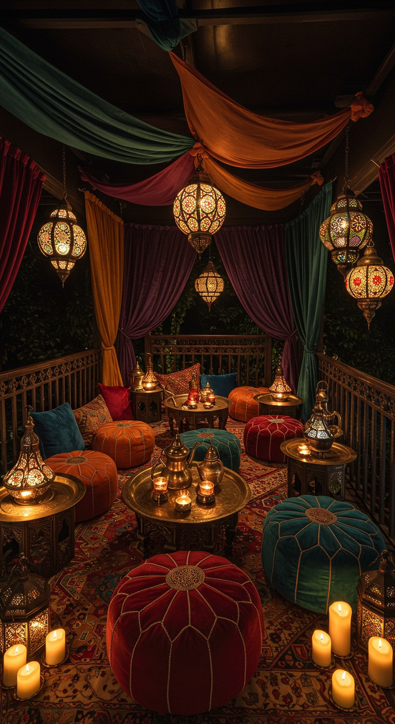 Dunkler Balkon mit bunten Stoffen, orientalischen Laternen, Poufs und Kerzen.
