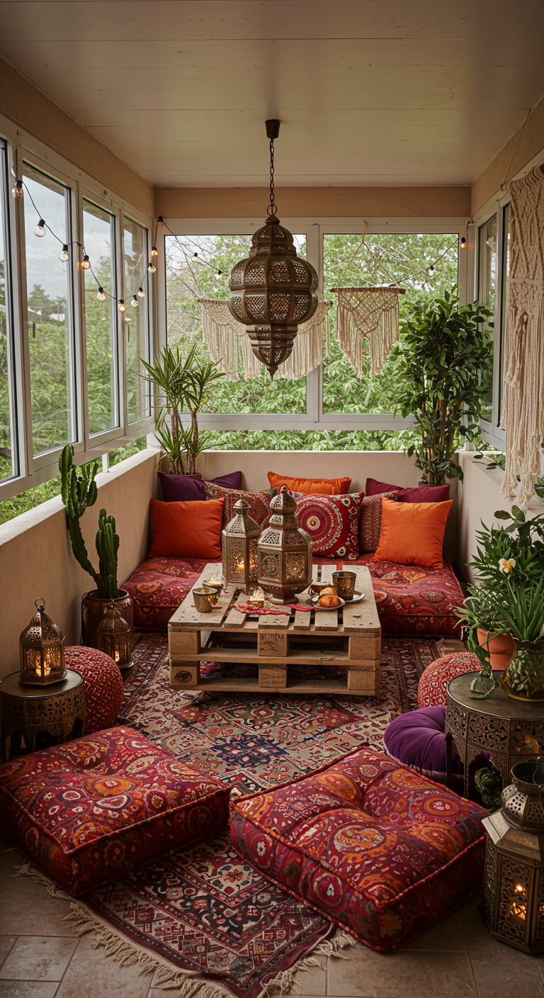 Marokkanisch eingerichteter Balkon mit Bodenkissen, Palettentisch und vielen Laternen.