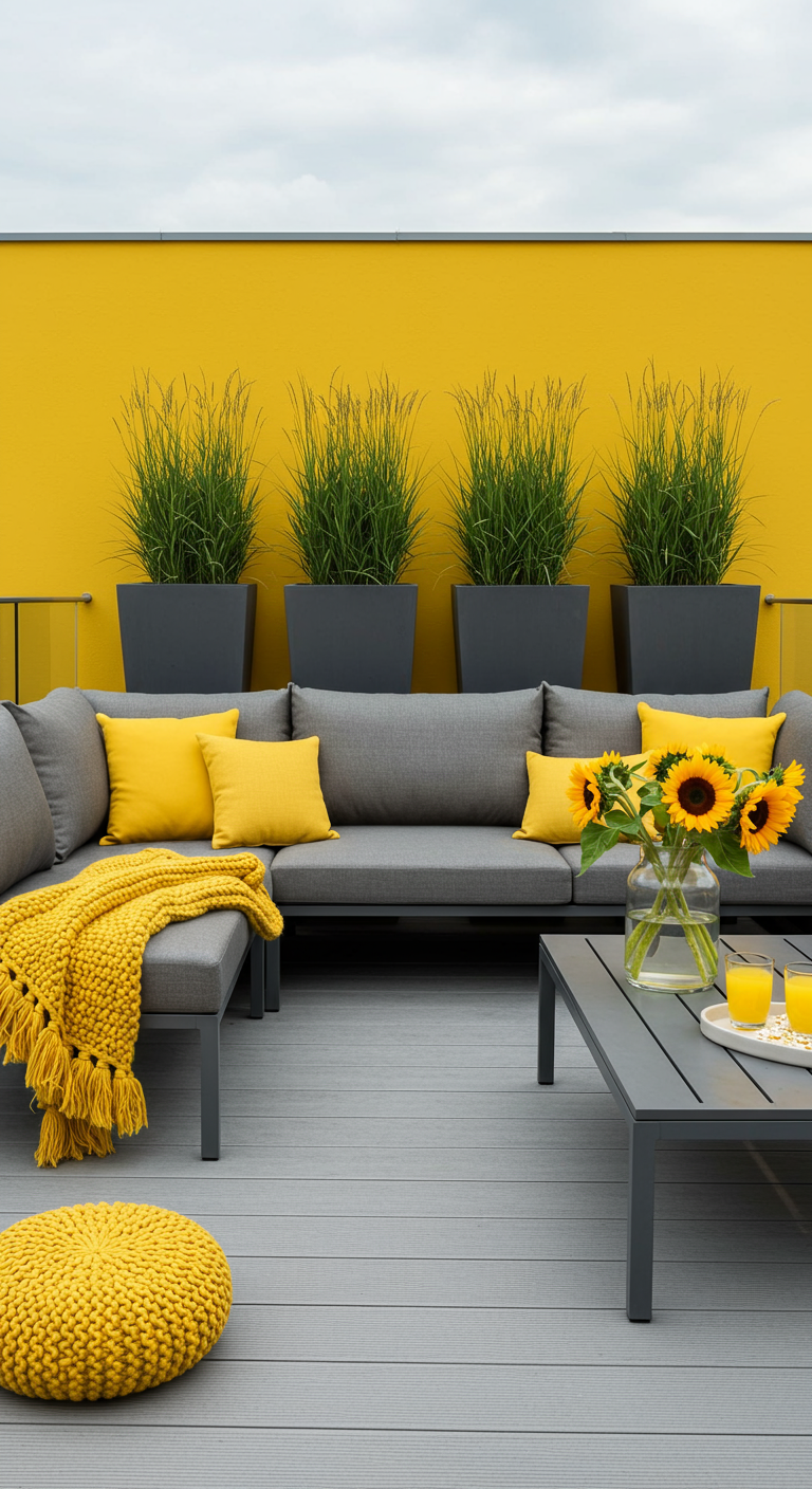 Moderne graue Lounge-Ecke vor einer sonnengelben Wand mit gelben Textilien.