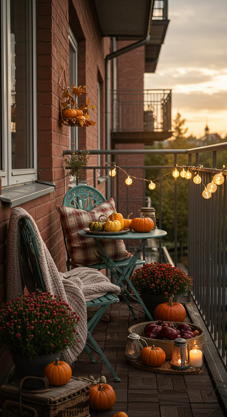 Schmaler Balkon mit türkisfarbenem Bistro-Set, Kürbissen, Decke und Herbstblumen.