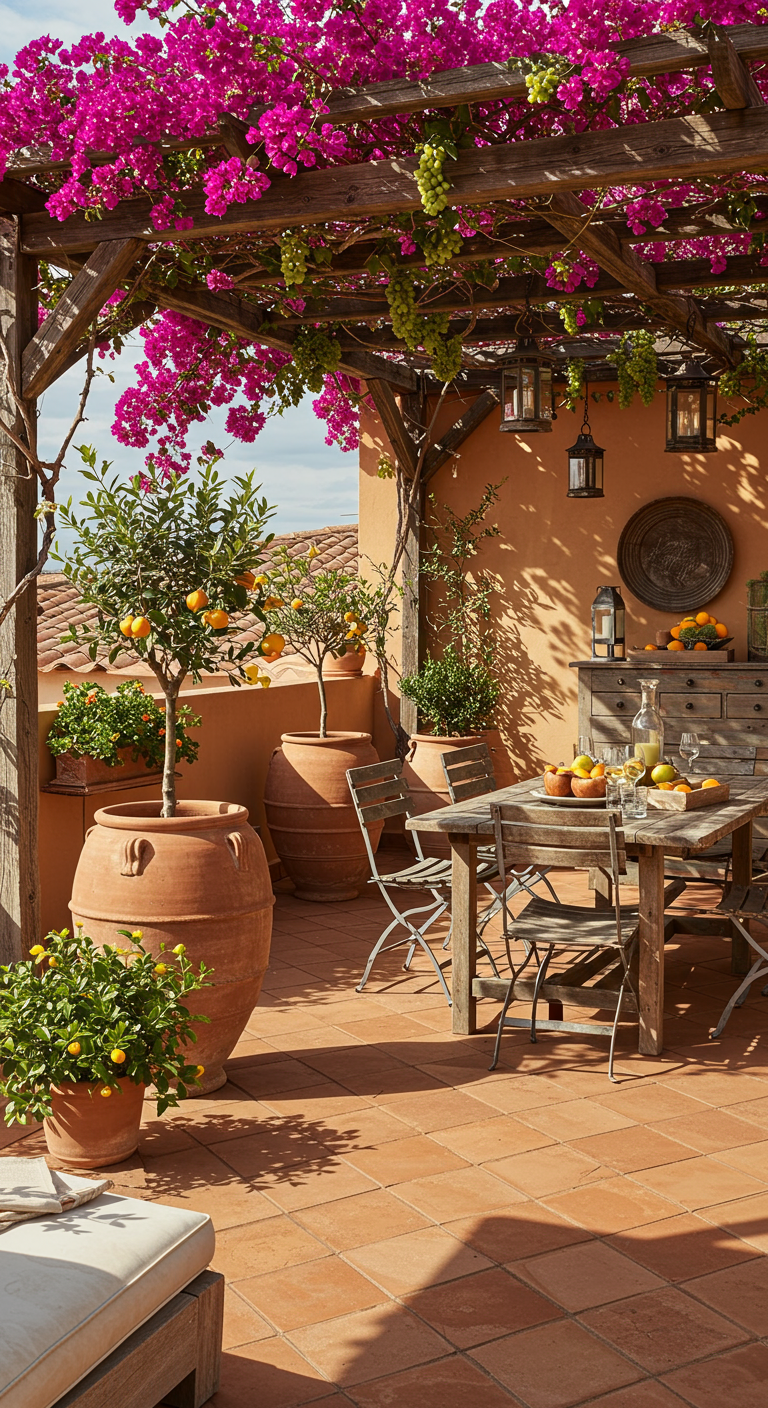 Großer Balkon mit Holzpergola, pinker Bougainvillea, Zitrusbäumen in Terrakottakübeln und Holztisch.