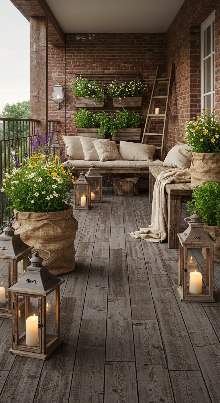 Balkon mit Holzbänken, Blumen in Jutesäcken und Laternen vor Backsteinwand.