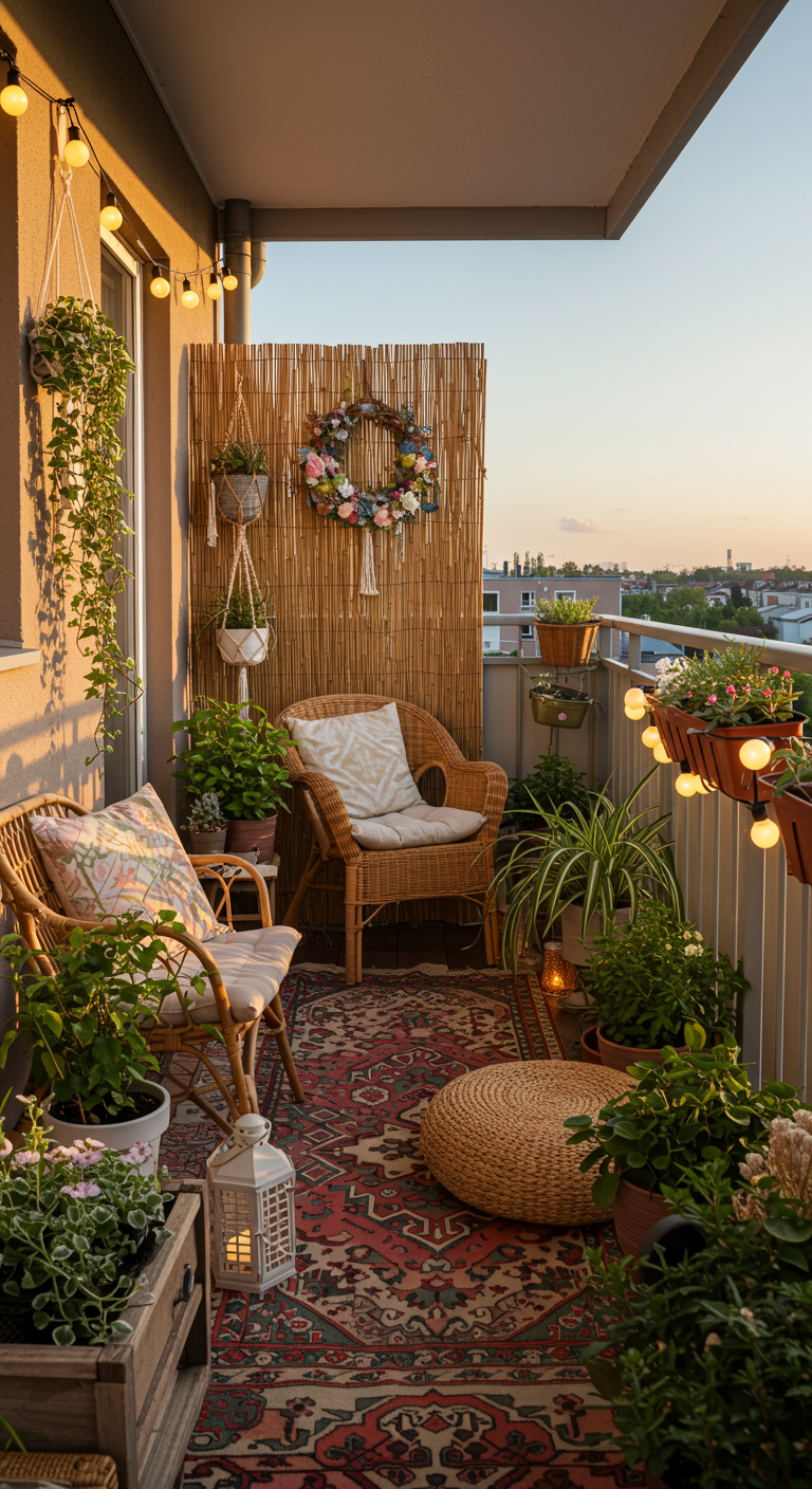Gemütlicher Stadtbalkon mit Korbmöbeln, Teppich, Lichterketten und Maikranz.