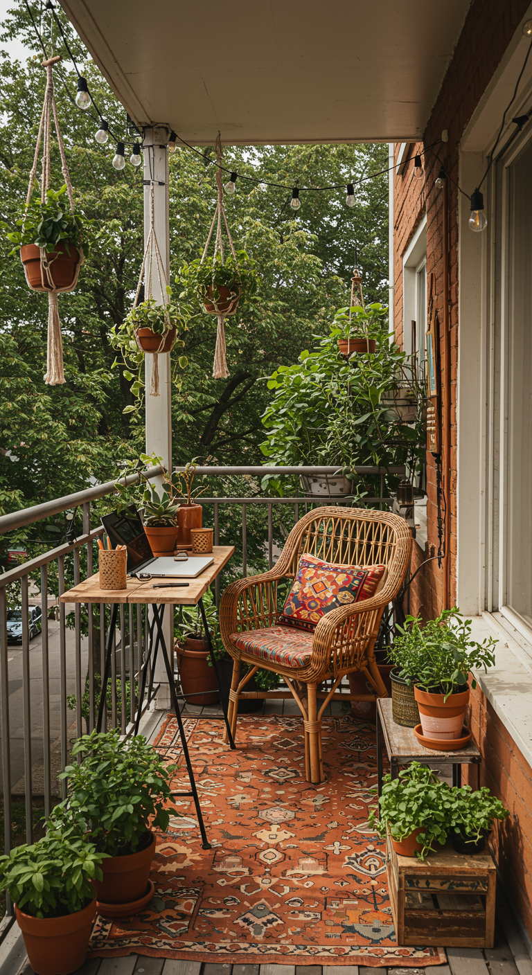 Boho-Balkon-Homeoffice mit Korbsessel, Klapptisch, Teppich und vielen Pflanzen.