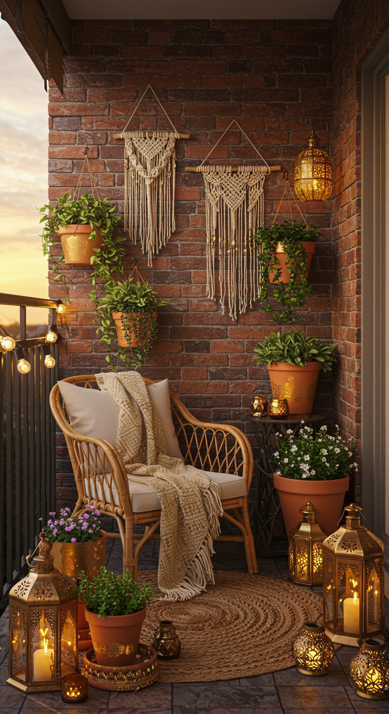 Boho-Balkon mit Makramee, Rattansessel, Pflanzen und goldenen Laternen bei Sonnenuntergang.