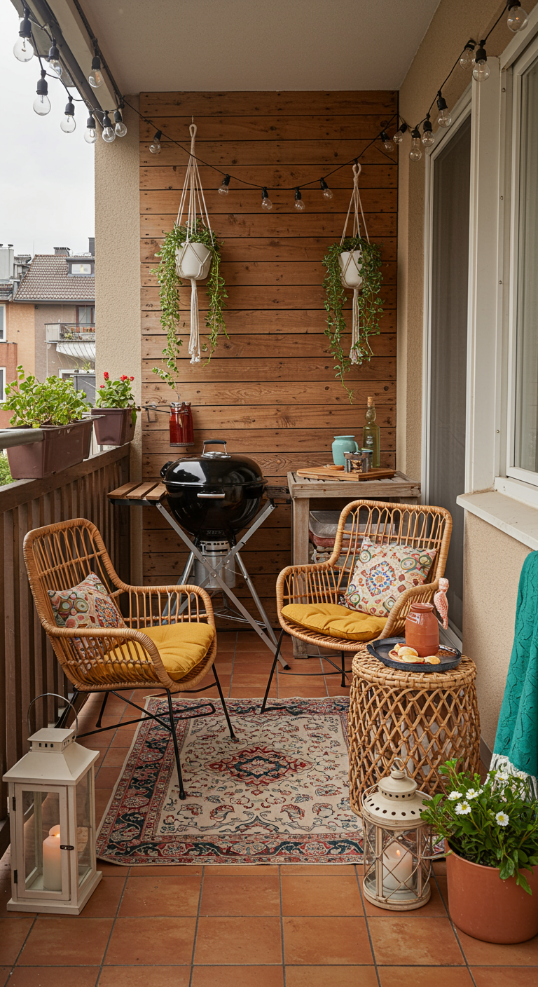 Gemütlicher Balkon mit Holzwand, Kugelgrill, Rattanmöbeln und Lichterketten.