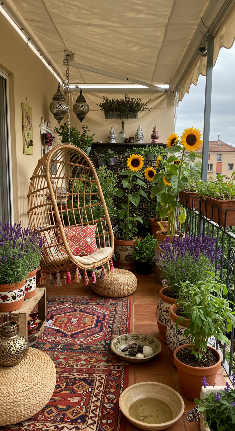 Boho-Balkon mit Hängesessel, Sonnenblumen, Lavendel und orientalischen Teppichen.