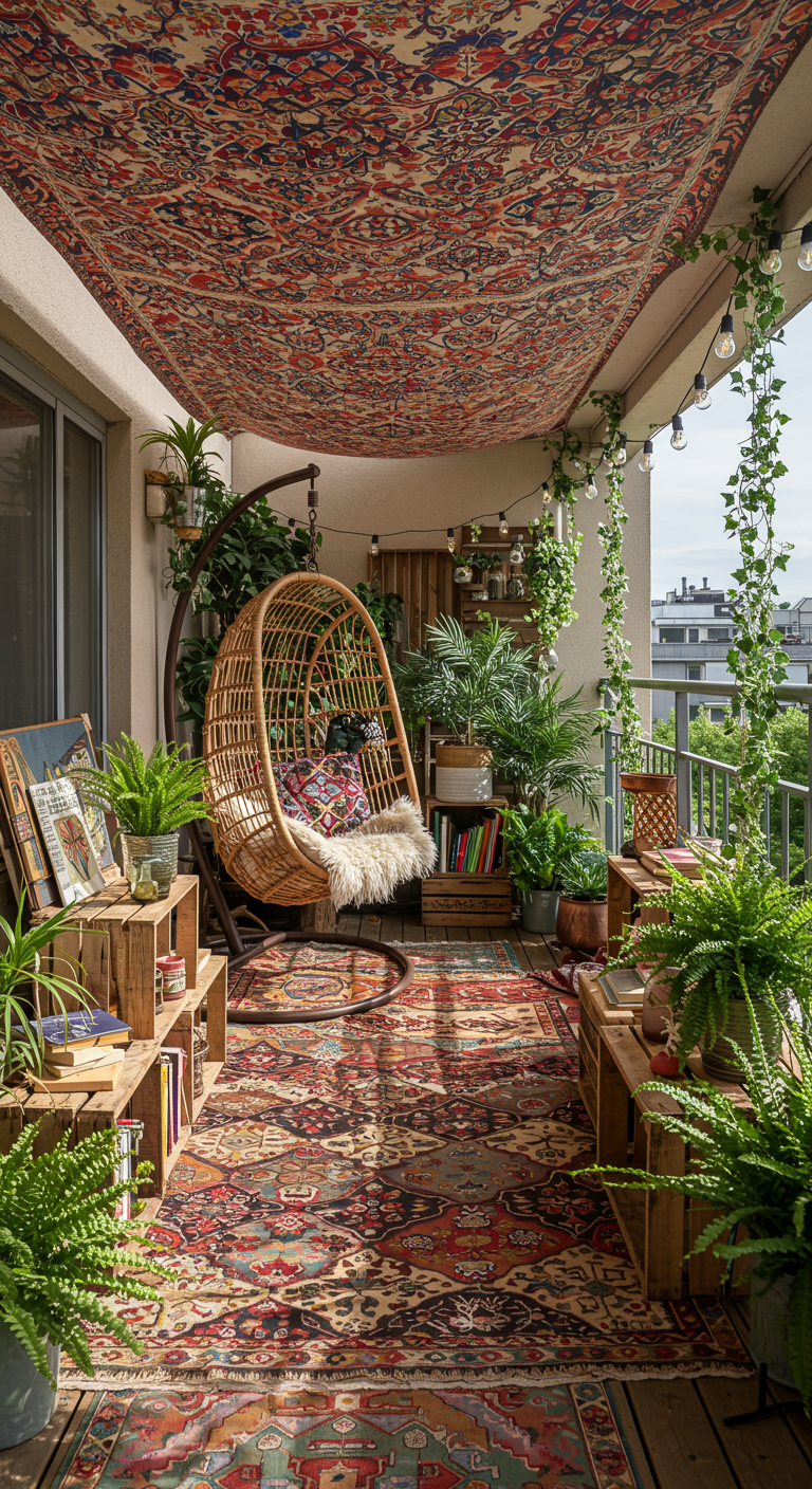 Boho-Balkon mit Hängesessel, Teppichen, vielen Pflanzen und Stoff-Sonnensegel.