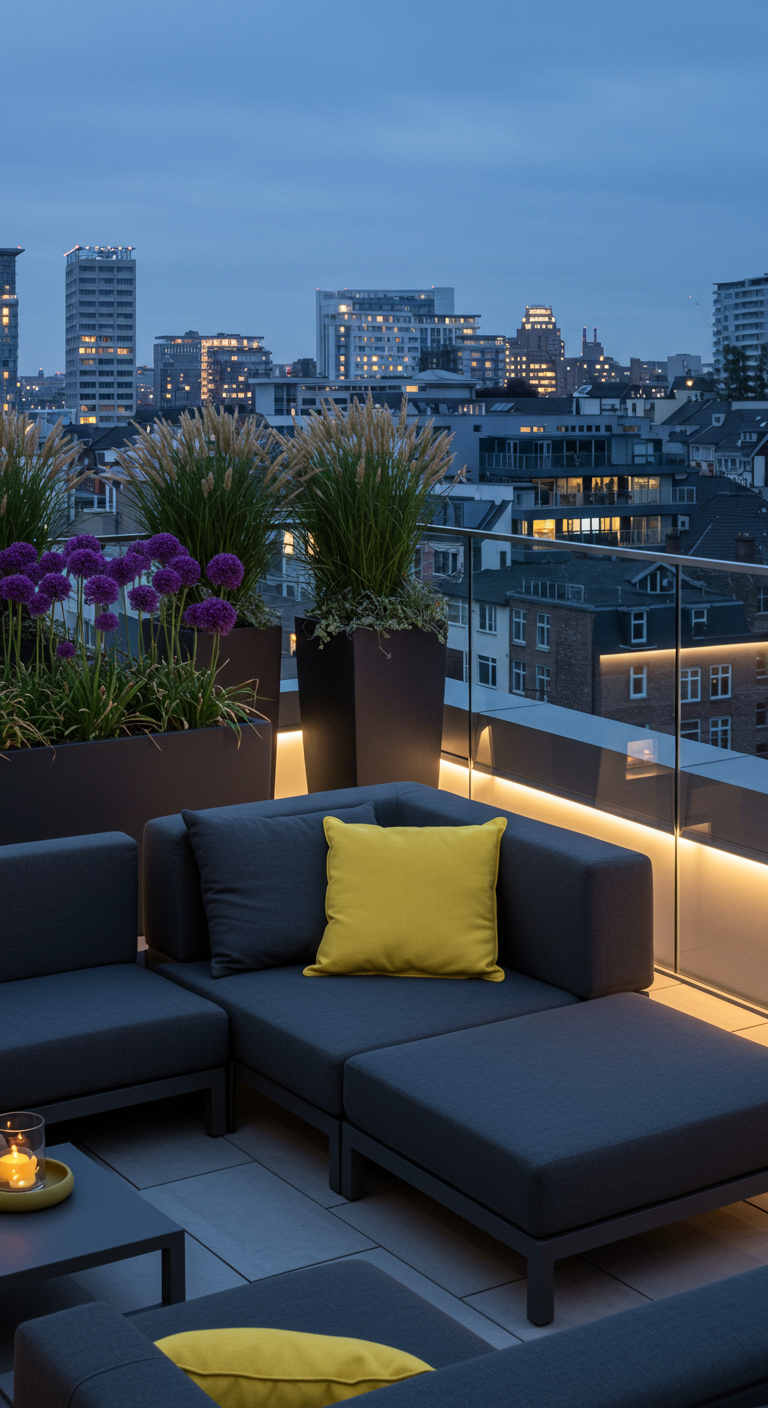 Moderne Dachterrassen-Lounge mit grauen Möbeln und gelbem Kissen bei Nacht.