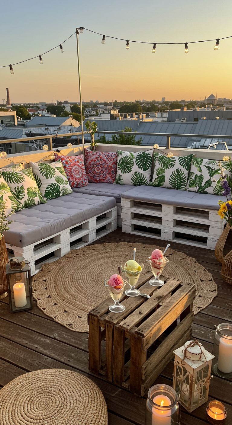 Palettensofa mit Kissen und Eisbechern auf Dachterrasse bei Sonnenuntergang.