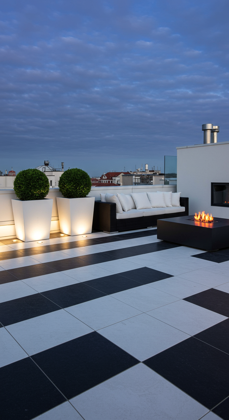 Dachterrasse mit schwarz-weißen Bodenfliesen, dunkler Lounge-Garnitur, weißen Kübeln und Feuertisch.