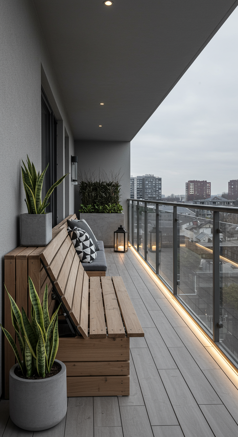 Moderne Holzbank mit aufklappbarer Sitzfläche für Stauraum auf einem schmalen Balkon.