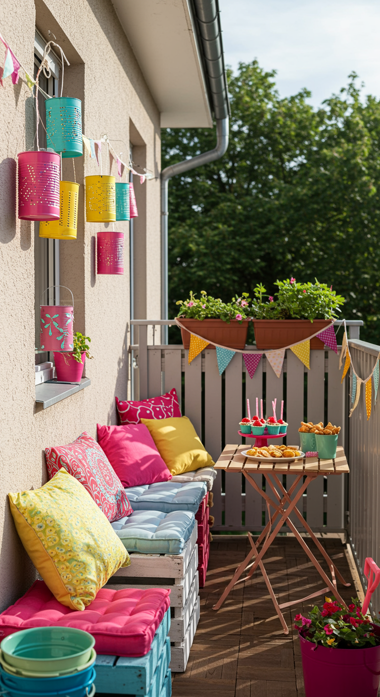 Bunte Upcycling-Deko: Bemalte Dosen als Windlichter und farbige Kissen auf Holzkisten-Bank.