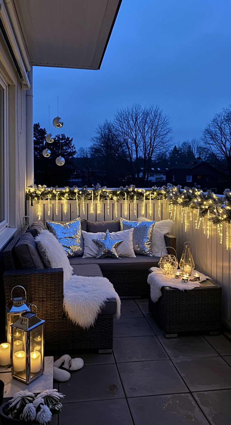 Modern dekorierter Balkon mit silbernen Kissen, Eiszapfenlichtern und Laternen.