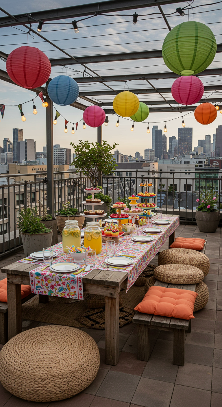 Großer Holztisch auf Dachterrasse, dekoriert mit bunten Papierlaternen und Lichterketten.