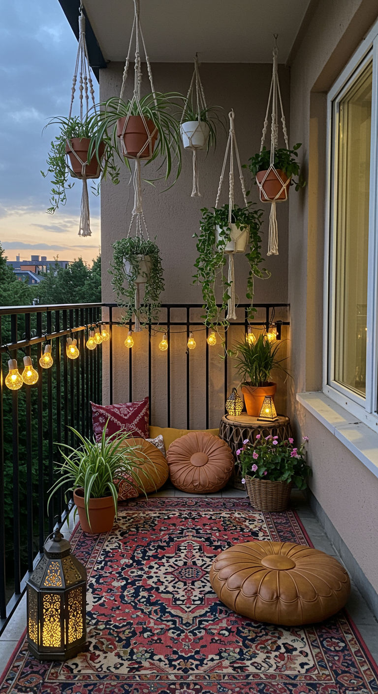 Balkon bei Dämmerung mit Makramee-Hängepflanzen, Lichterkette, Teppich und Kissen.