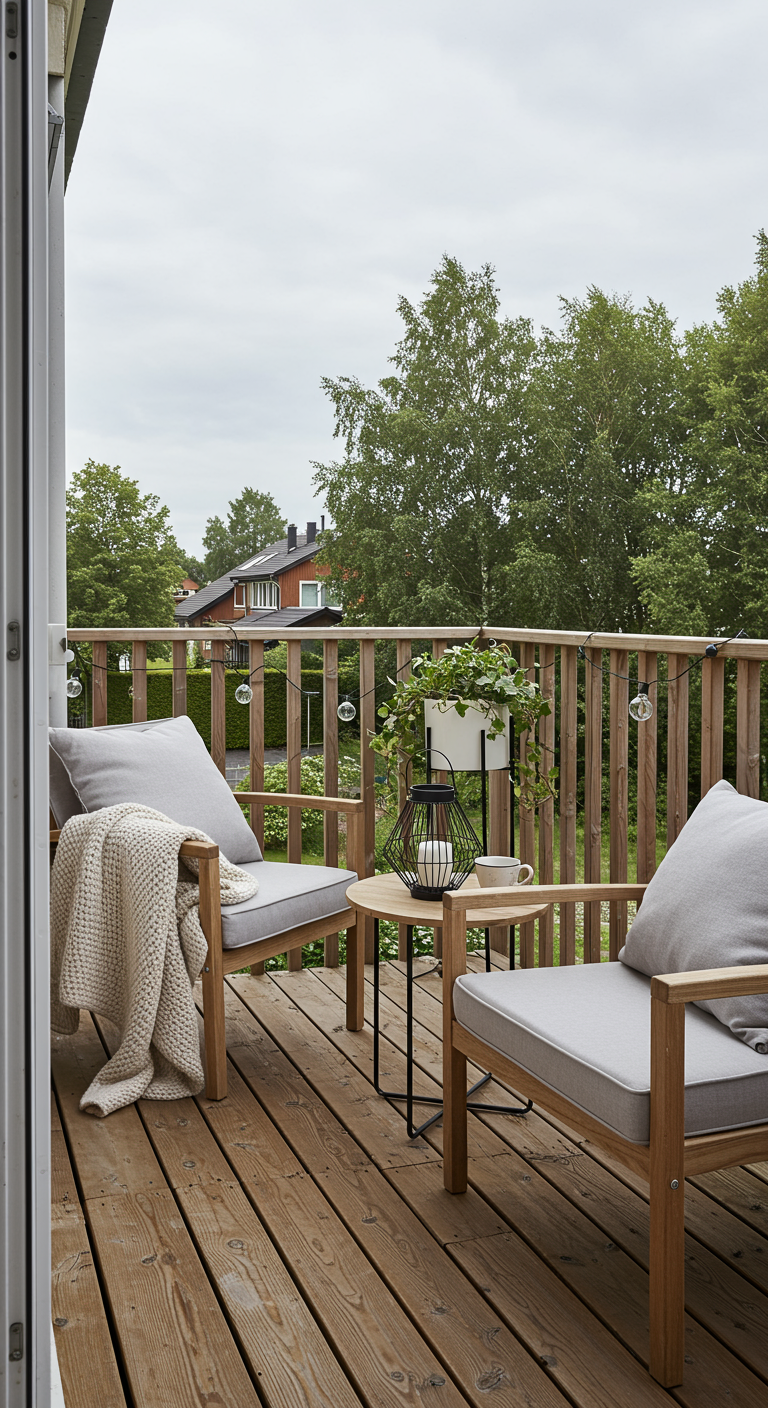 Holzbalkon mit zwei Holzstühlen, grauen Polstern, Decke und kleiner Tischlampe.