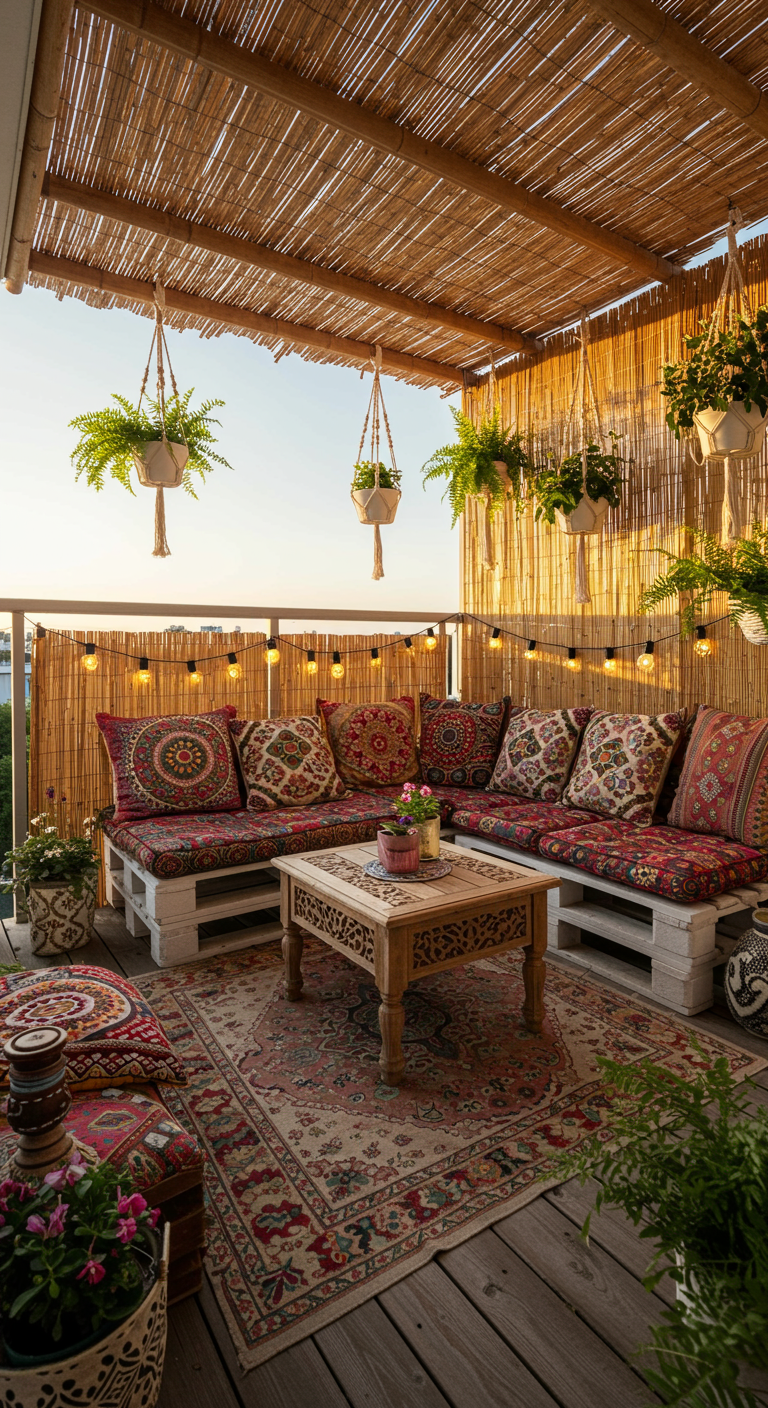 Boho-Eckbalkon mit Palettensofa, bunten Kissen, Teppich und Bambus-Sichtschutz.