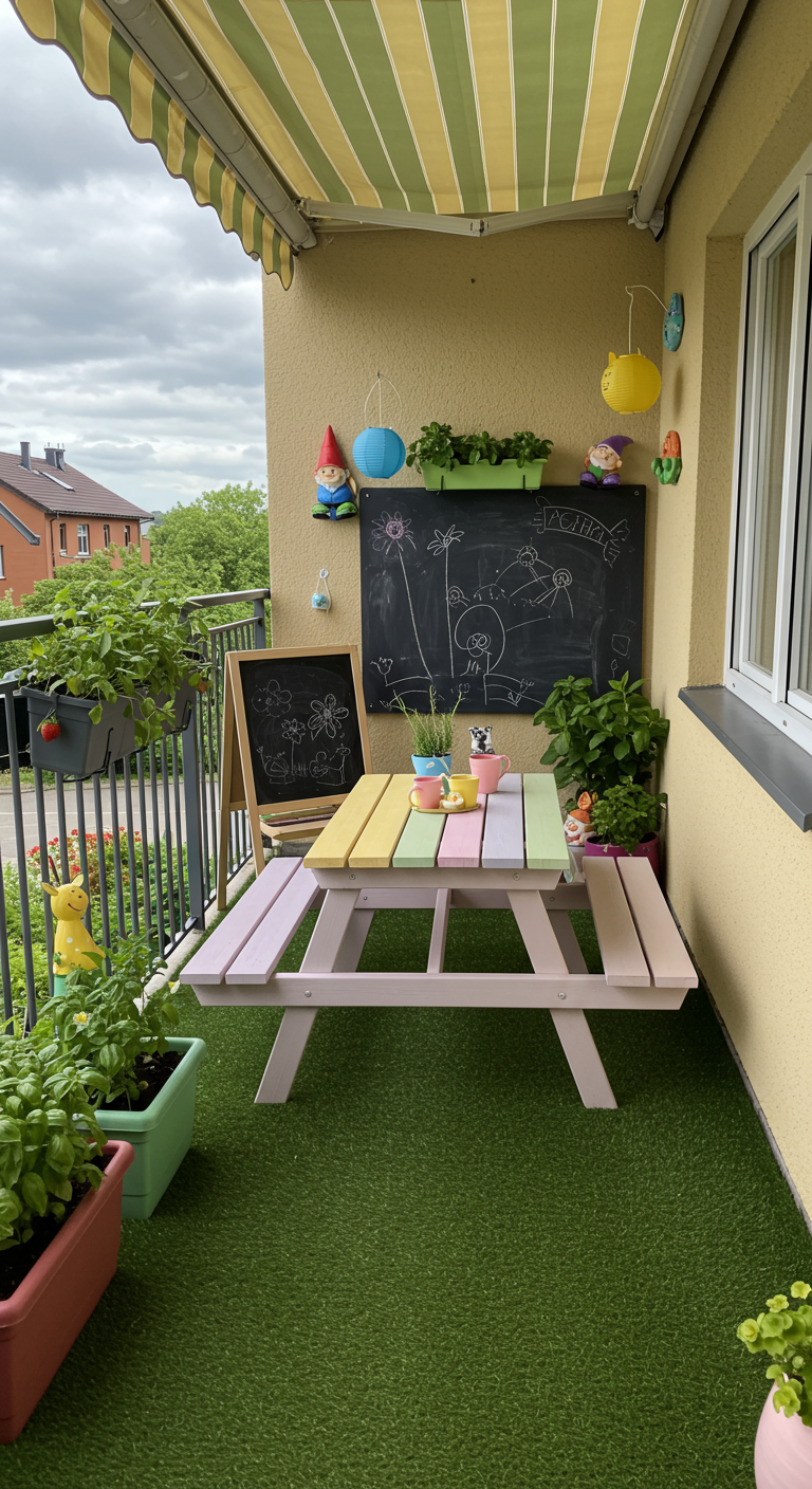 Kinderbalkon mit Kunstrasen, kleinem Picknicktisch und Kreidetafel.