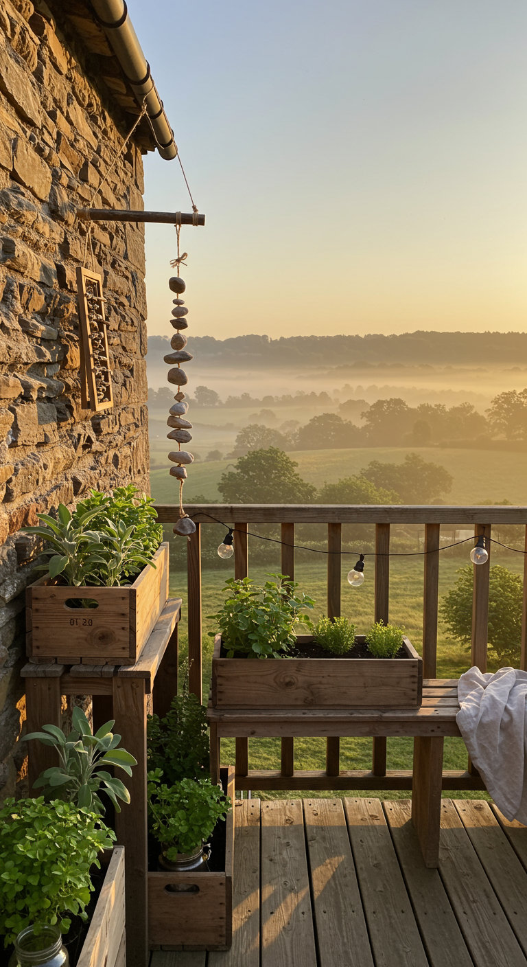 Rustikaler Balkon mit Kräutern in Weinkisten, Holztisch und Stein-Windspiel bei Sonnenaufgang.