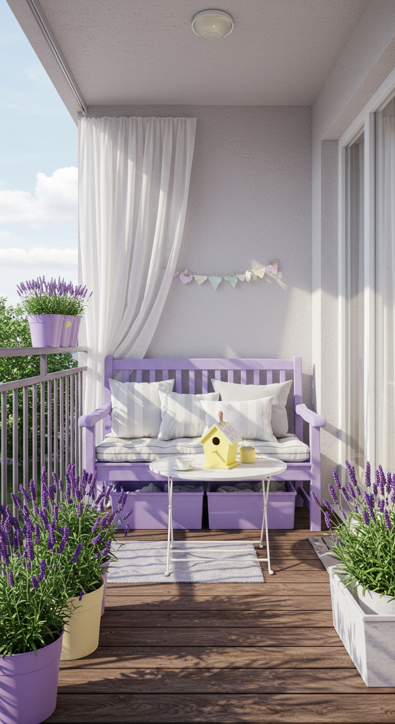Lila Holzbank auf Balkon, umgeben von Lavendeltöpfen, mit gelbem Vogelhaus.