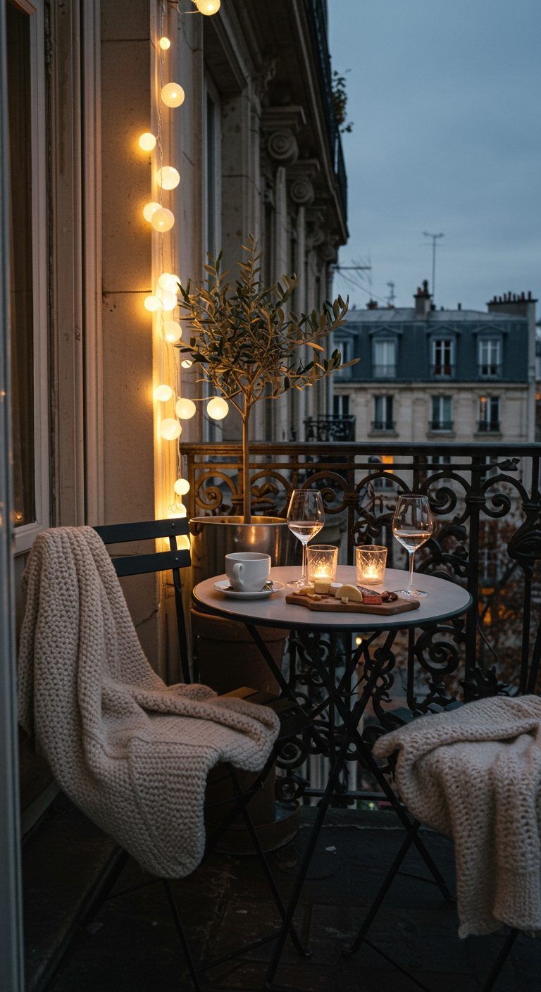 Balkon bei Dämmerung mit Lichterkette, Olivenbaum, Weingläsern und Decke.