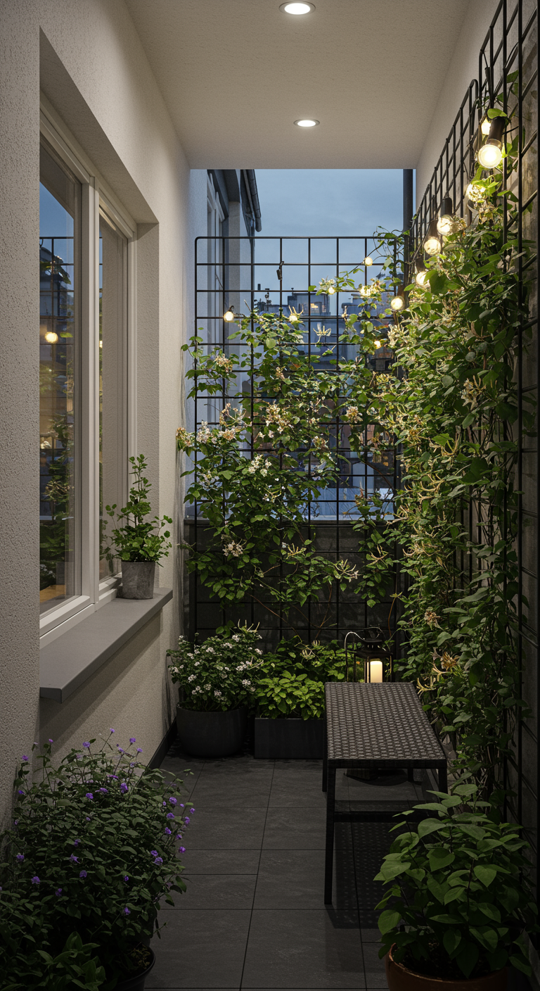 Schmaler Balkon mit beleuchtetem Rankgitter und Kletterpflanzen bei Dämmerung.