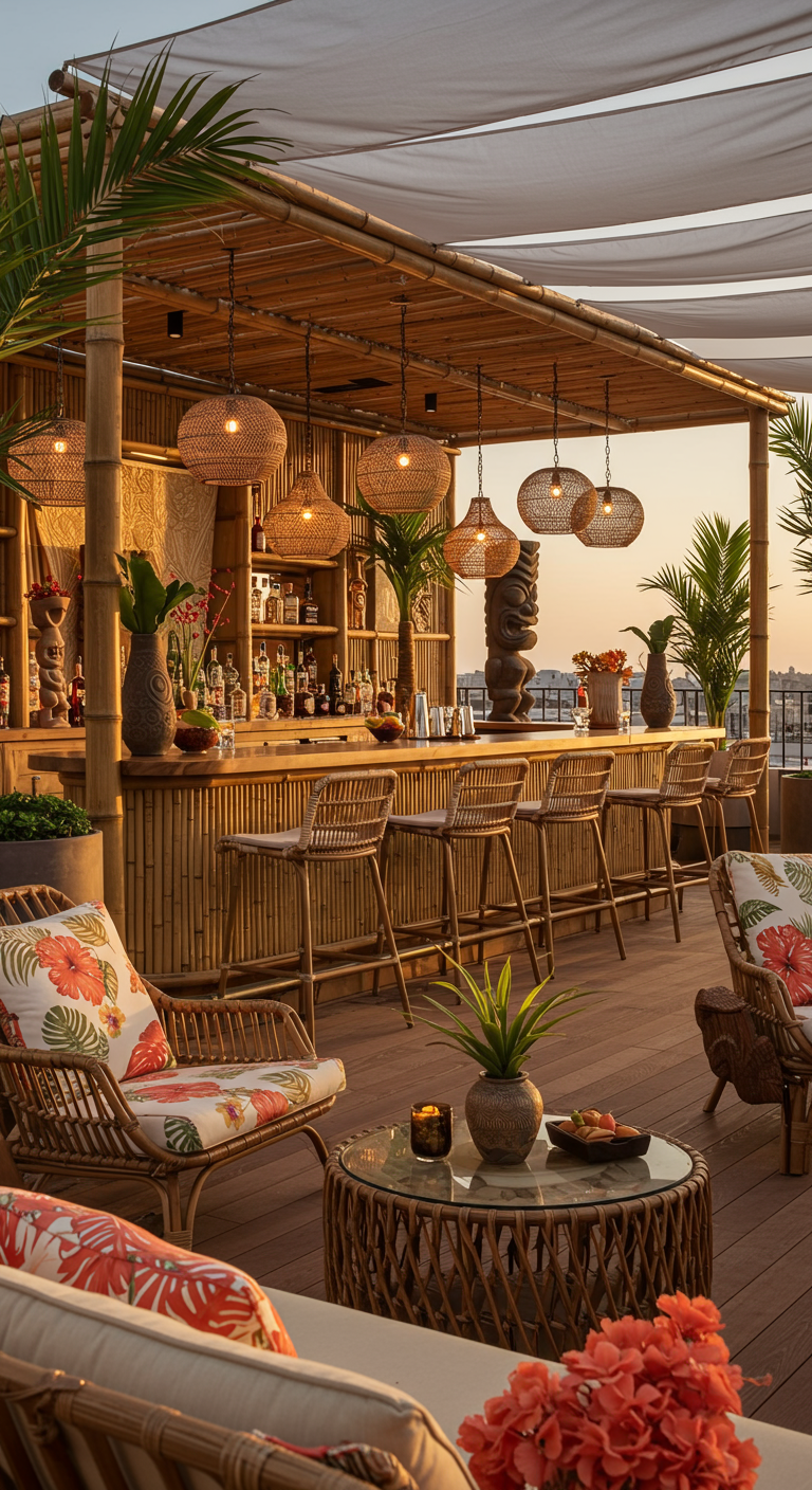 Großzügige Tiki-Lounge mit Rattanmöbeln, floralen Kissen und Korblampen unter Stoffdach.