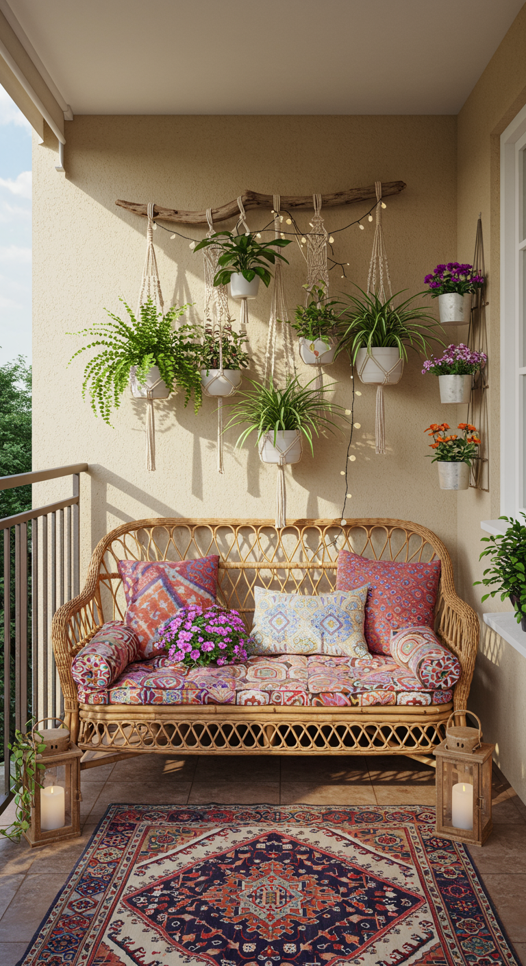 Boho-Balkon mit Rattanbank, Makramee-Pflanzenhängern an einem Ast und Lichterkette.