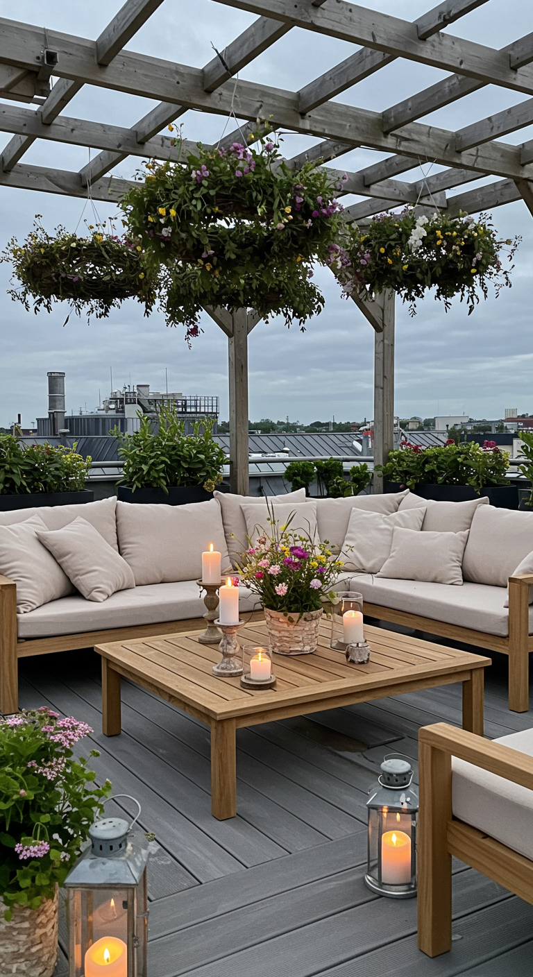 Dachterrasse mit heller Holz-Lounge, Kerzen und üppigen Hängepflanzen für Midsommar.