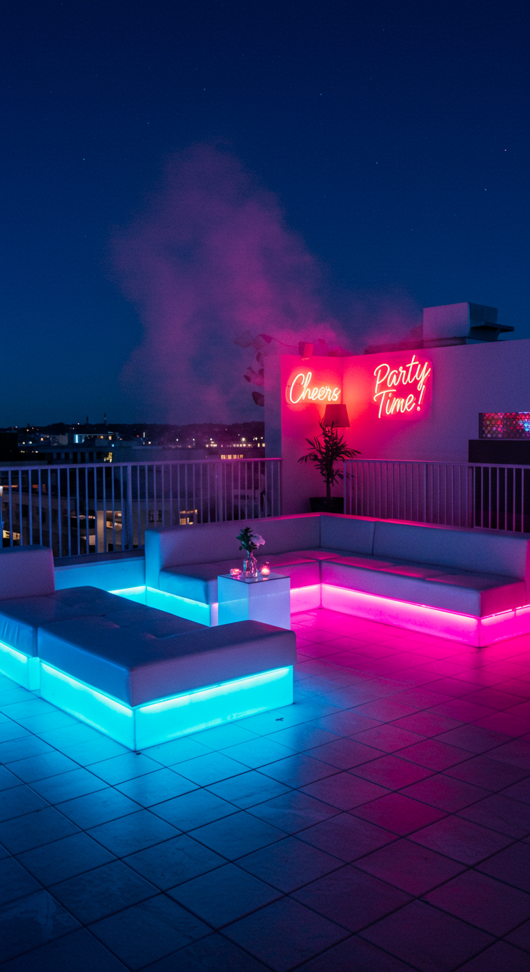 Dachterrasse mit LED-Möbeln und Neon-Schriftzügen für eine Silvesterparty.