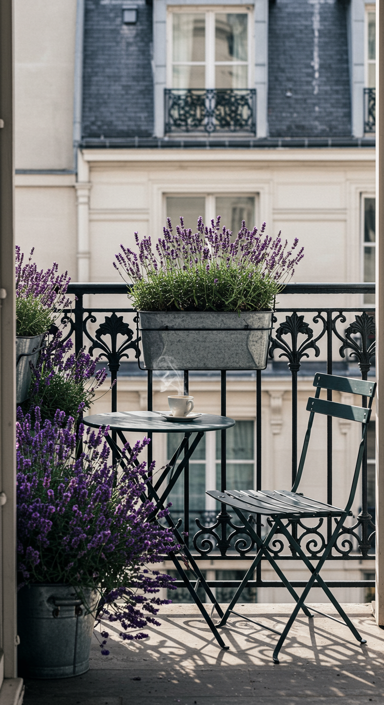 Kleiner Pariser Balkon mit Lavendel, Bistrotisch und Stuhl.