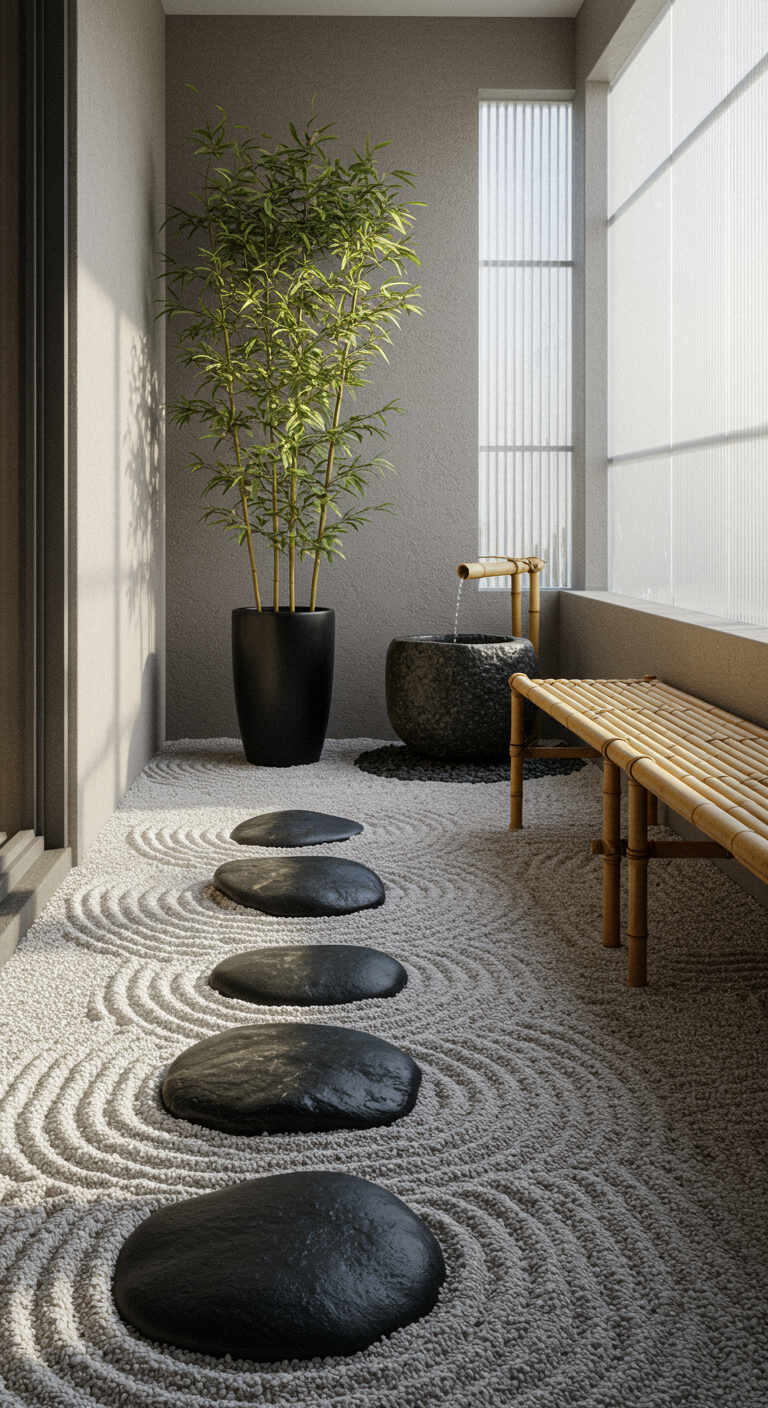 Zen-Balkon mit Trittsteinen in geharktem Kies, Bambuspflanze und Wasserspiel.