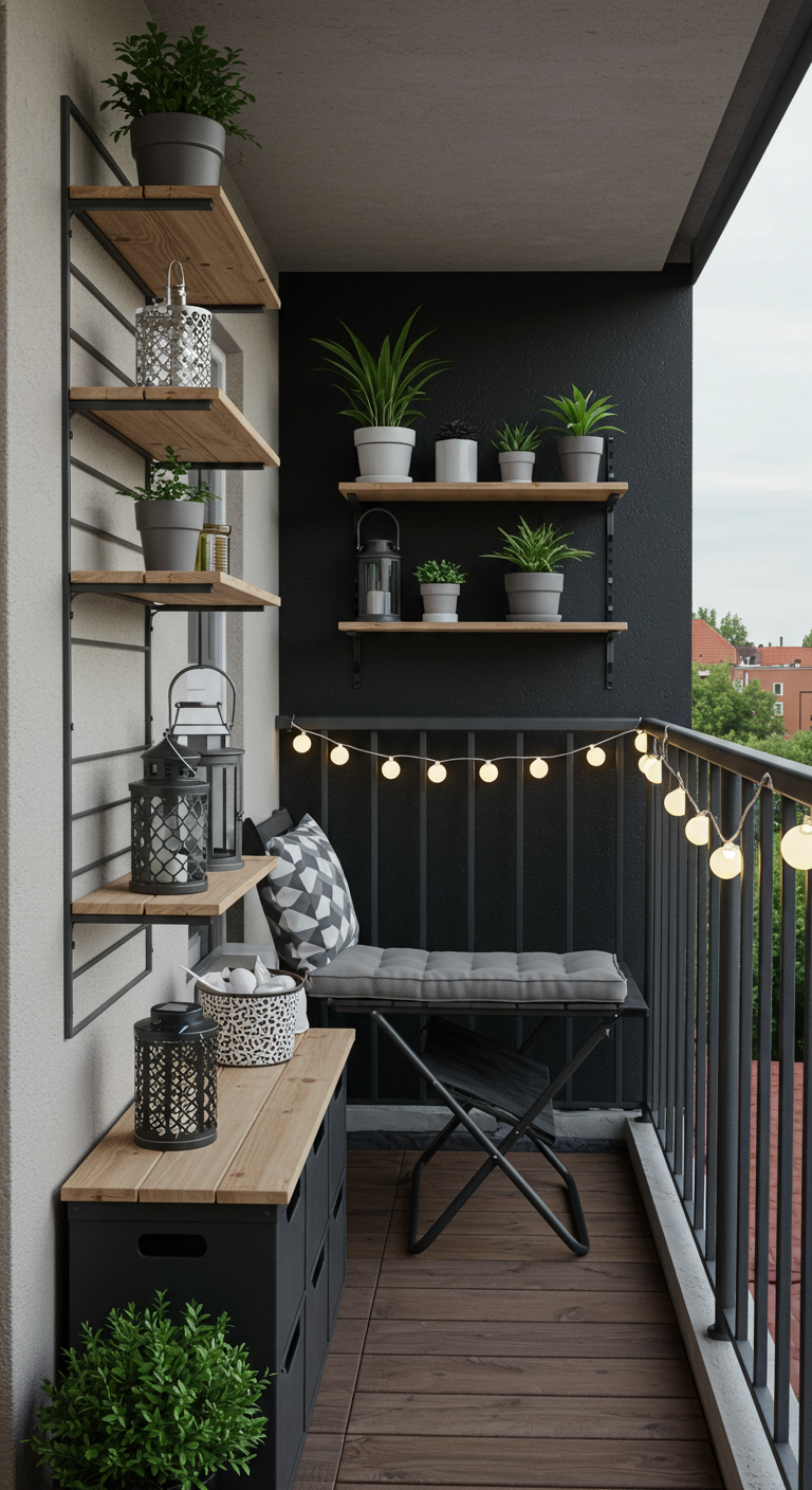 Schmaler Balkon mit schwarzen Wandregalen, Pflanzen, Laternen und einer Bank mit Stauraum.