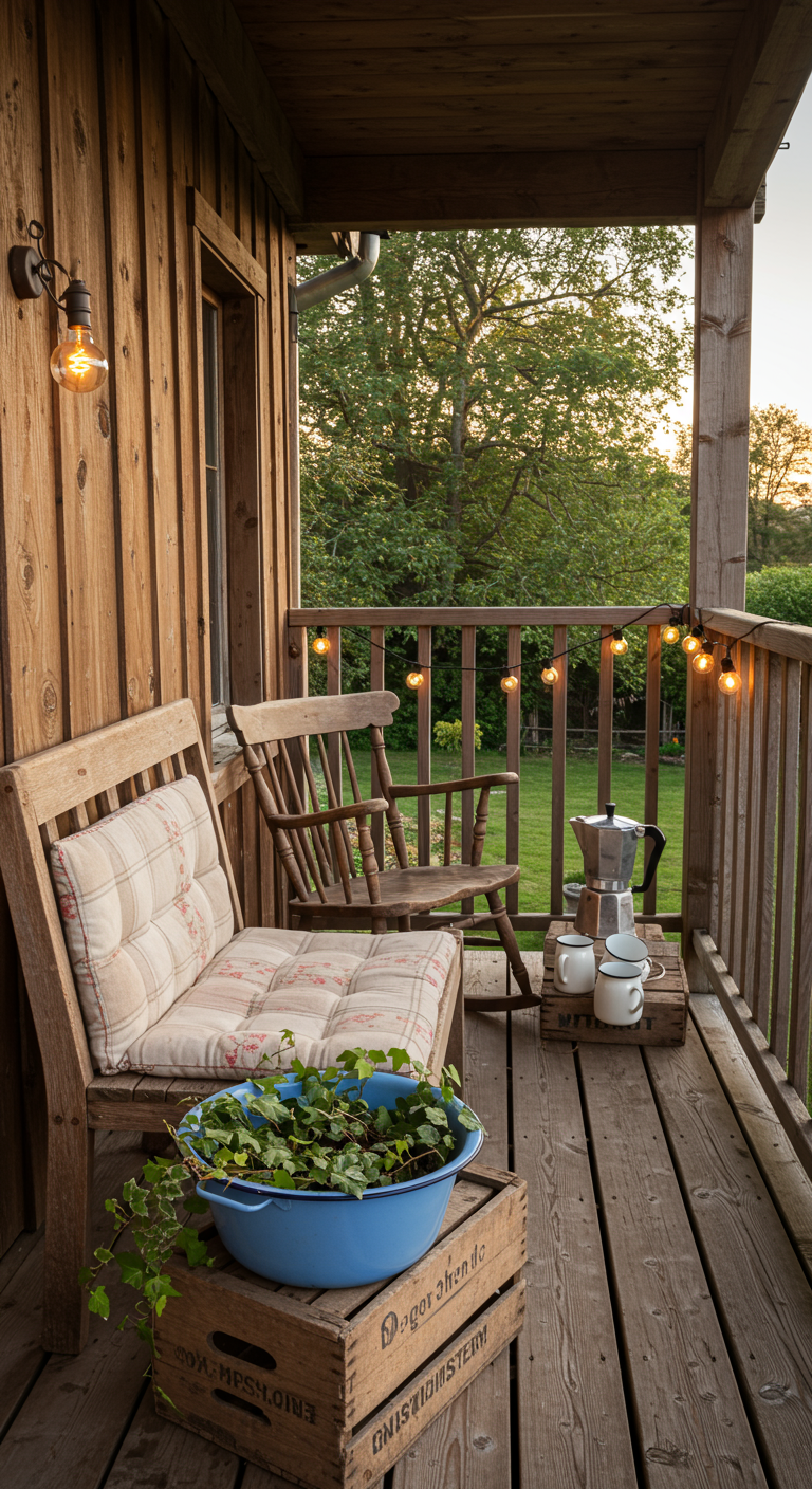 Holz-Balkon mit Bank, Kissen, Emaille-Schüssel und Lichterkette