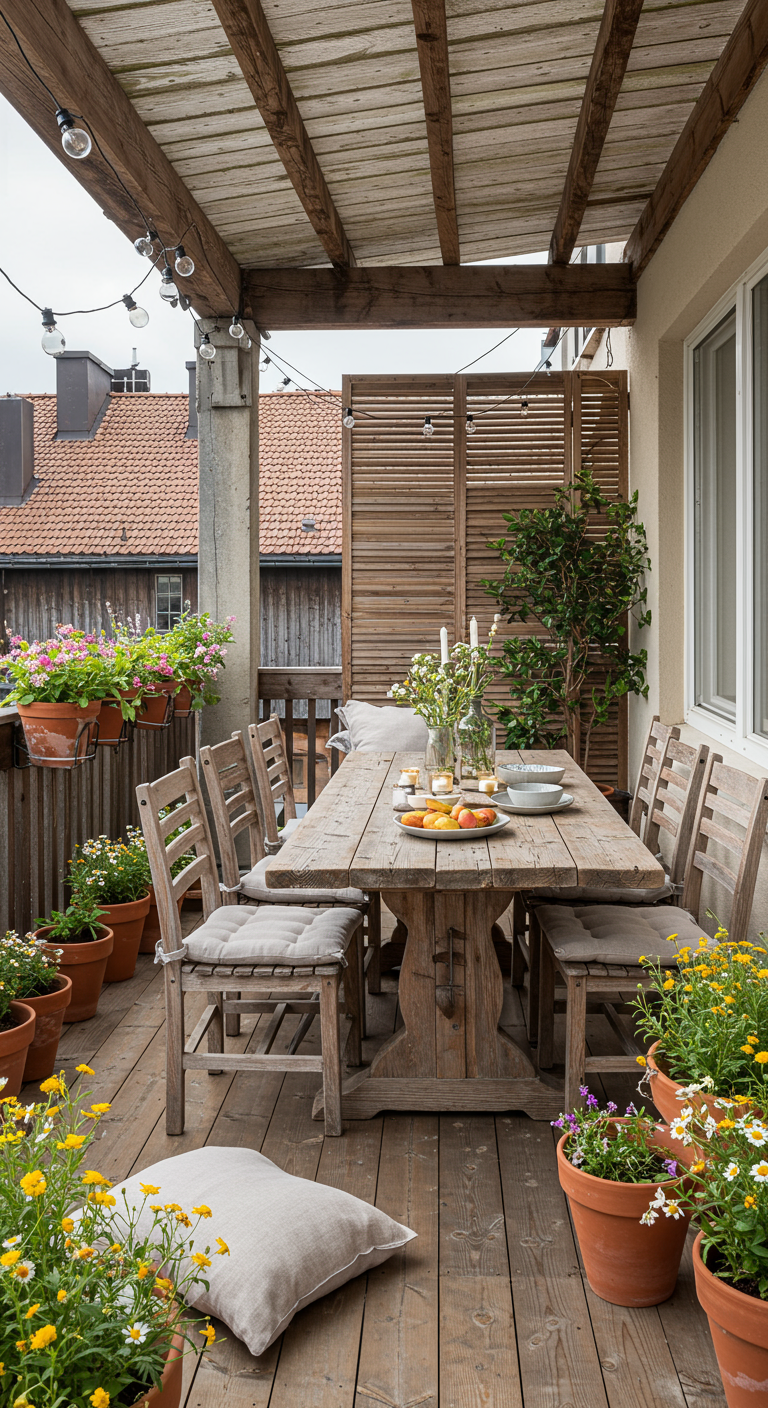 Rustikaler Holztisch mit Stühlen, umgeben von Blumen in Terrakottatöpfen auf Holzboden.