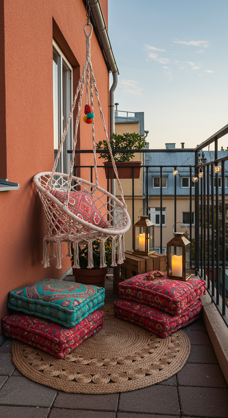 Kleiner Balkon mit Makramee-Hängesessel, bunten Kissen und Laternen.