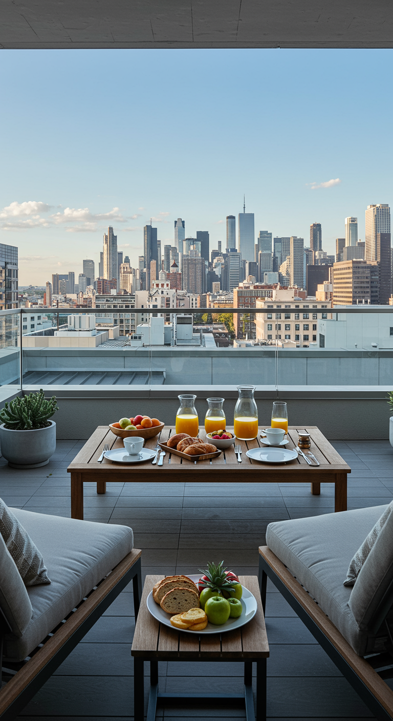 Modernes Balkonfrühstück auf Loungemöbeln mit Blick auf eine Großstadt-Skyline.