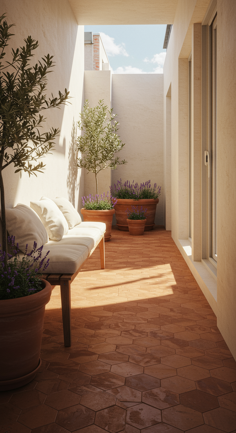 Minimalistischer Balkon mit Terrakotta-Boden, Olivenbäumen und Lavendel in großen Töpfen.