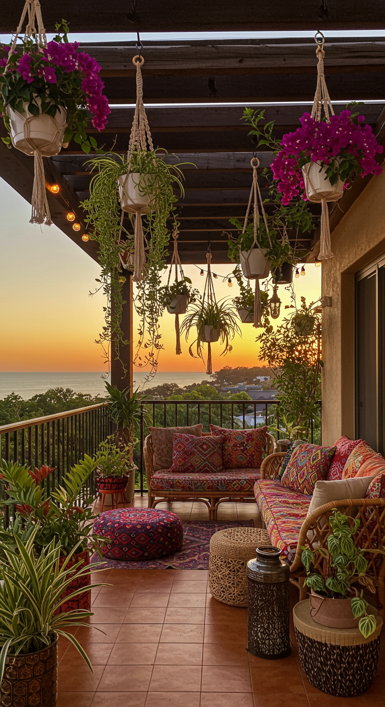 Boho-Balkon mit Makramee-Hängepflanzen und warmem Sonnenuntergangslicht.