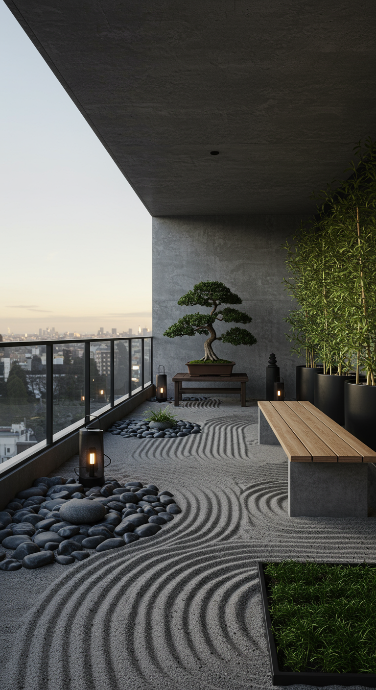 Minimalistischer Hochhaus-Balkon mit geharktem Sand, Bonsai, Bank und Laternen.