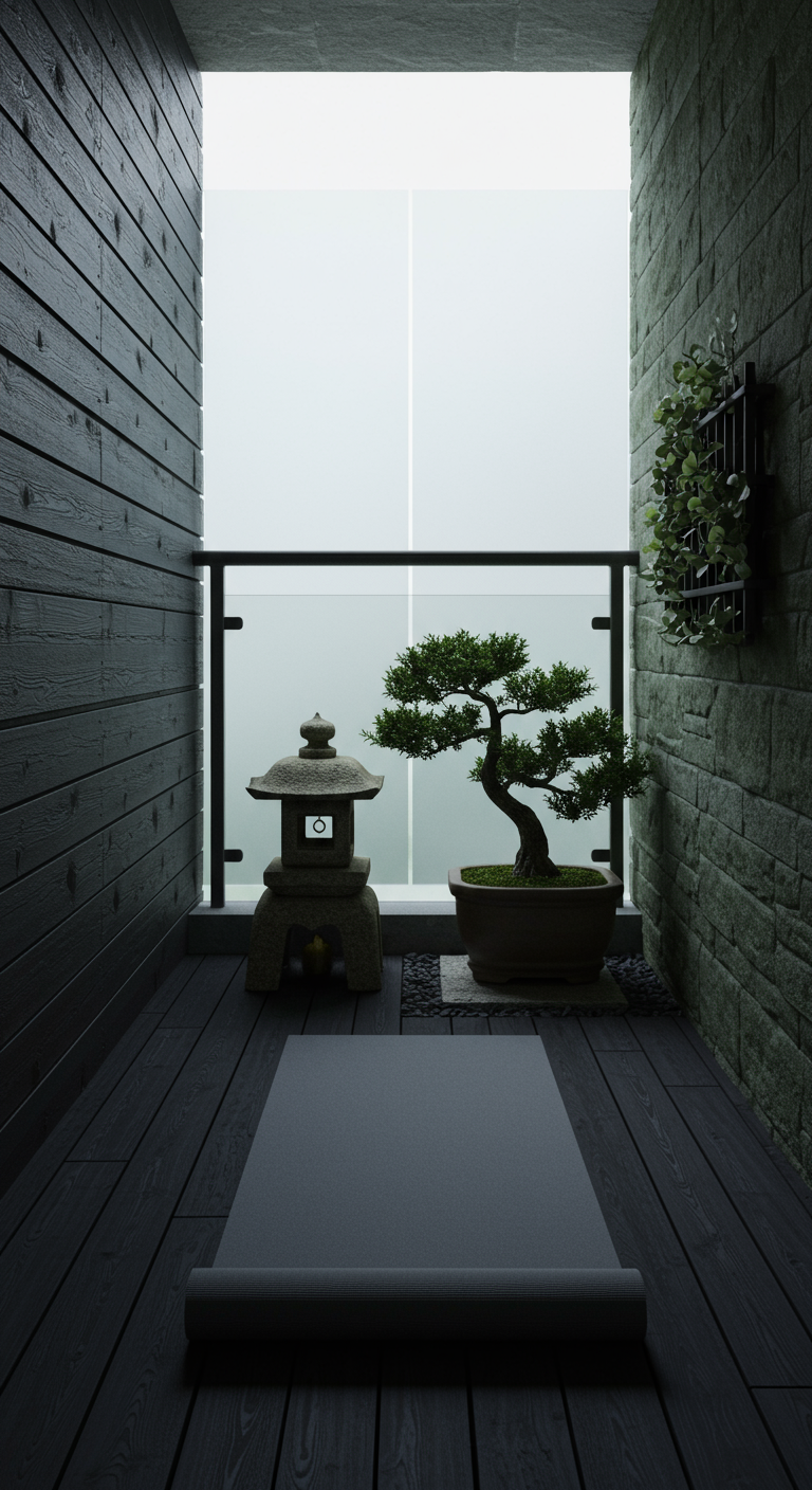 Minimalistischer Yoga-Balkon mit Bonsai, Steinlaterne und grauer Yogamatte.