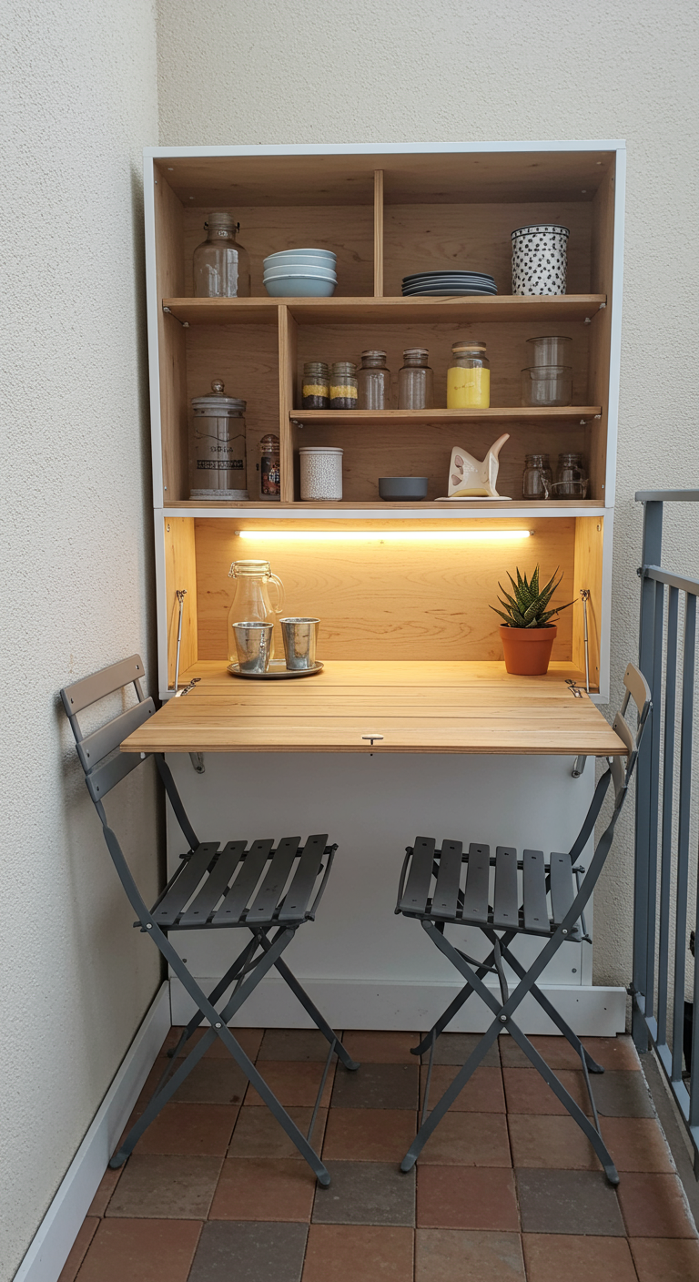 Wandmontierter Klappschrank, der sich zu einem kleinen Tisch mit Stauraum für Geschirr ausklappen lässt.